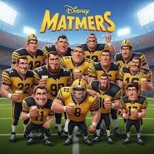 A group of animated football players in yellow and black uniforms, posing together on a stadium field with a vibrant crowd in the background.